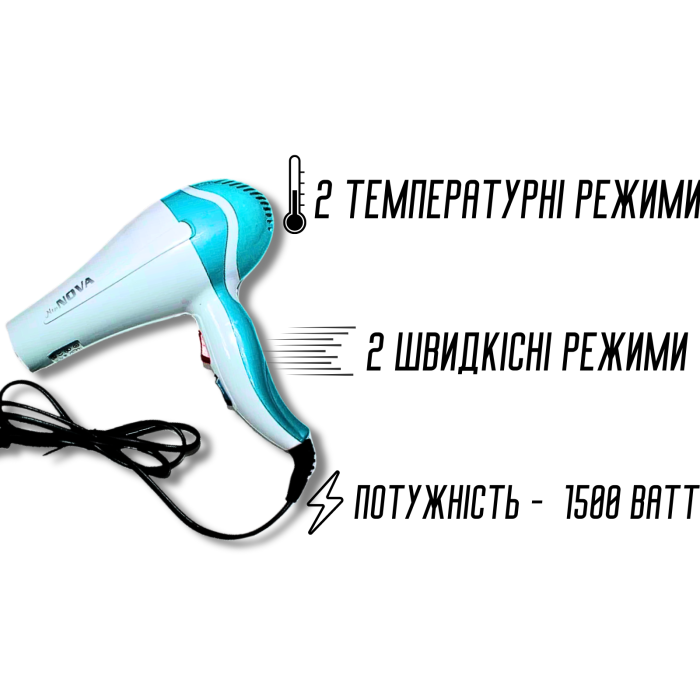 Фен для волос 2 режима нагрева и скорости NOVA NV-9018 /1500W/21см/20см Фен для волос 2 режима нагрева и скорости NOVA NV-9018 /1500W/21см/20см