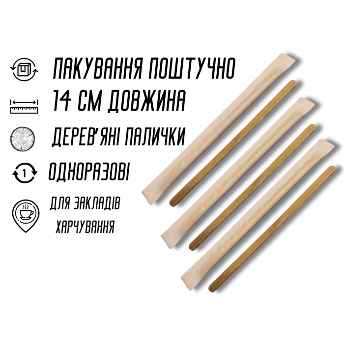Палочка одноразовая деревянная в индивидуальной упаковке для чая и кофе 1шт/14см