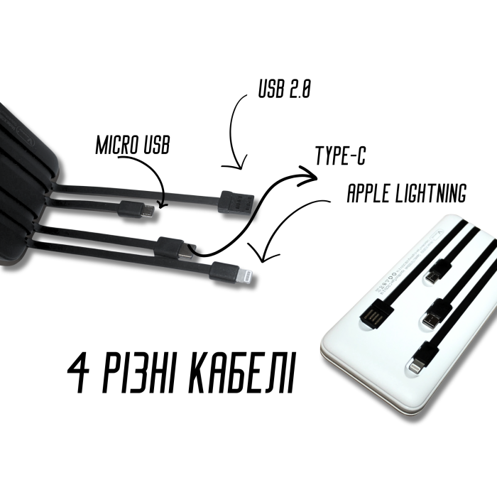 Power Bank Viaking GB059 10000 мАч портативный аккумулятор с фонариком индикатором зарядки и 4 кабелями