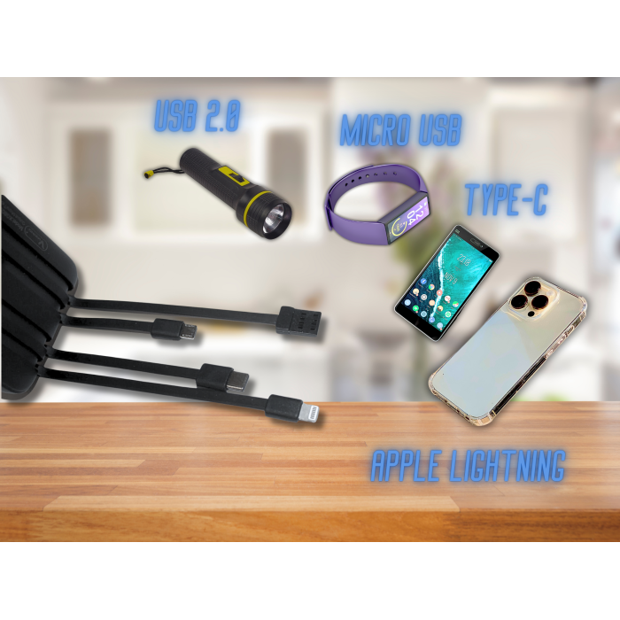 Power Bank Viaking Y158 10000 мАч  портативный аккумулятор с прожекторной панелью и 4 кабелями 