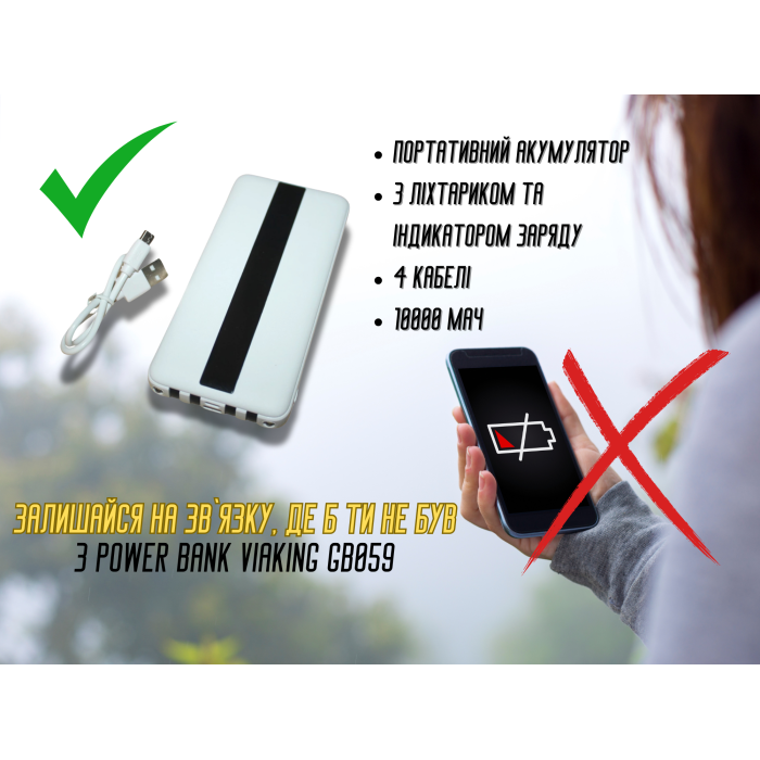 Power Bank Viaking GB059 10000 мАч портативный аккумулятор с фонариком индикатором зарядки и 4 кабелями